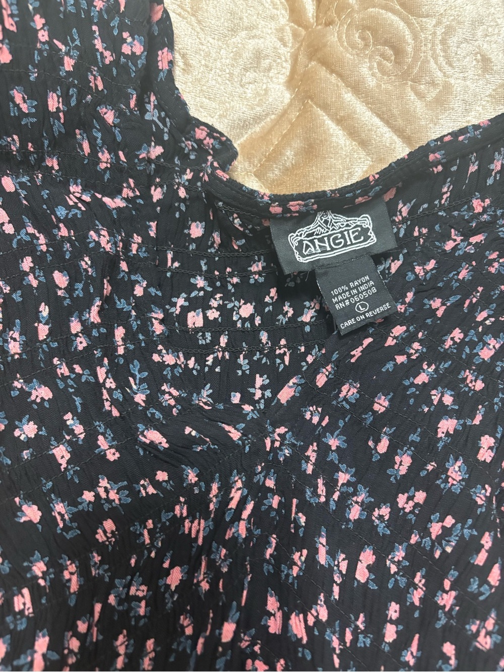 Angie Black Floral Smocked Top with Pink and Blue Blossoms
